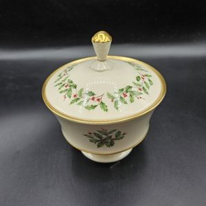 Vintage Lenox Christmas Holiday Dimension Candy Jar w/ Holly Design